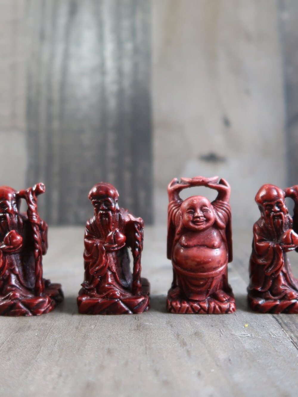 Lot of 4 Chinese Lucky Gods Red Resin Figures Happy Buddha Feng Shui Longevity